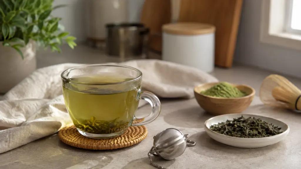 cup of brewed green tea beside loose leaves and matcha powder showing caffeine in green tea