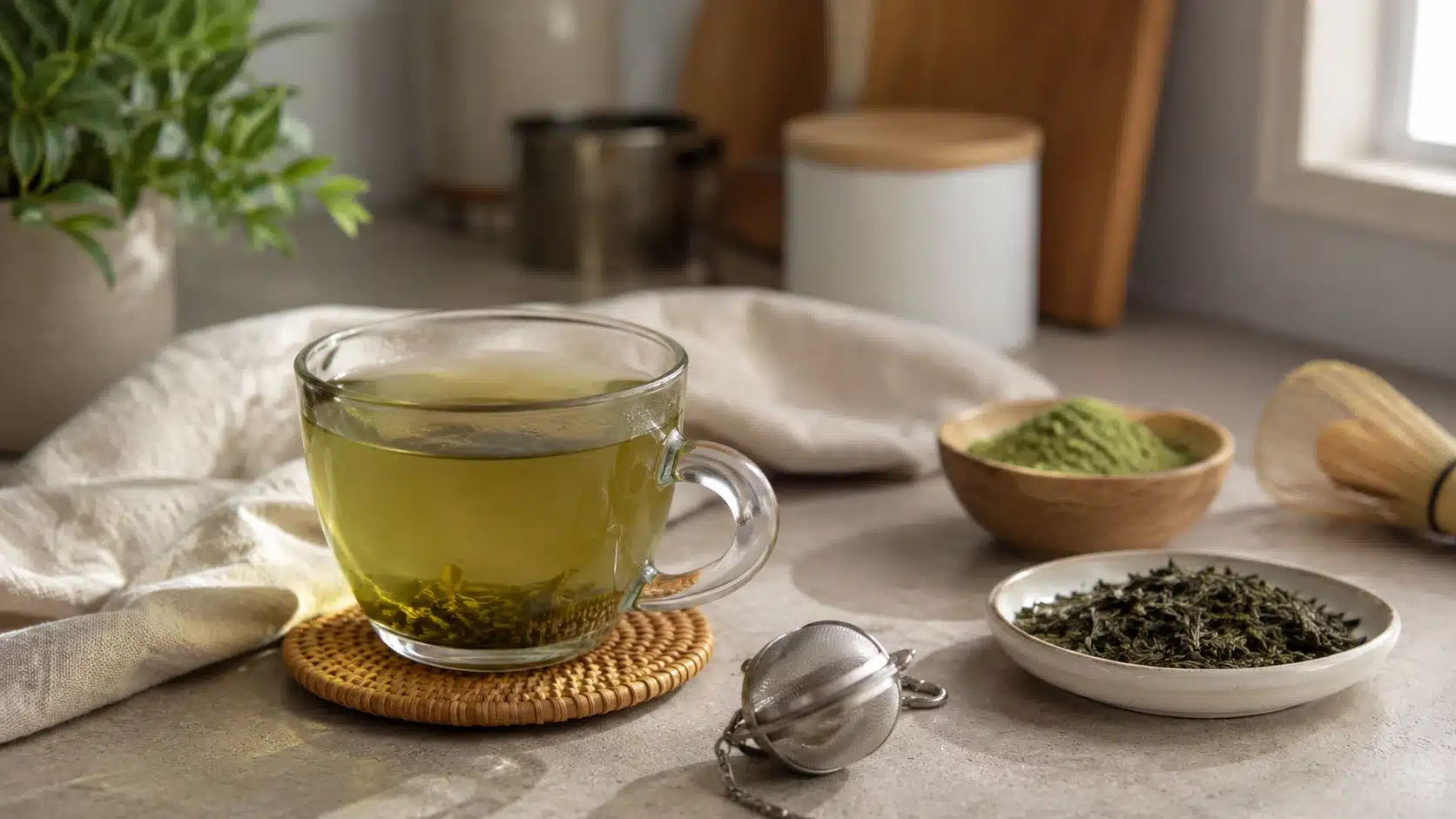 cup of brewed green tea beside loose leaves and matcha powder showing caffeine in green tea