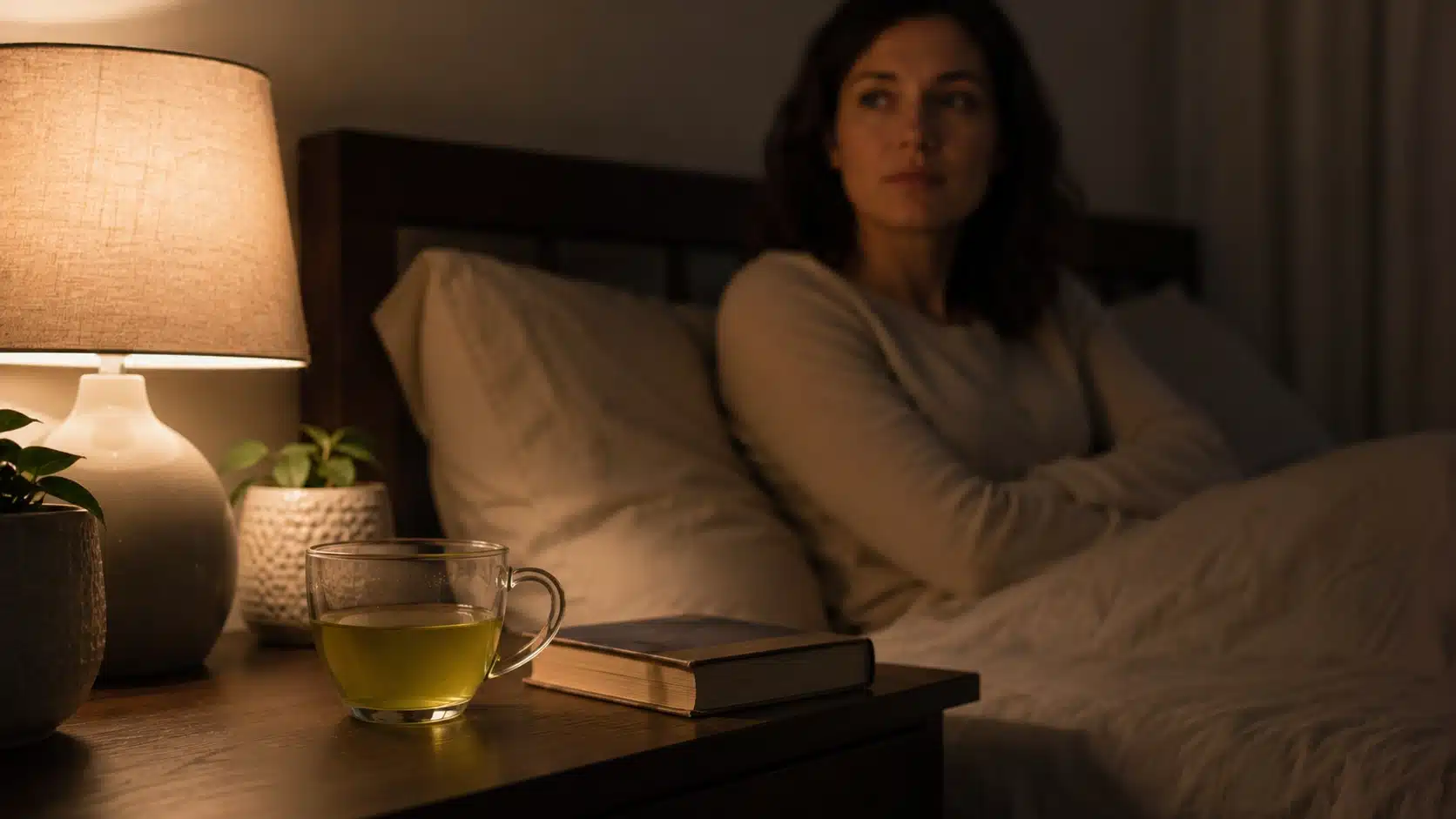 cup of green tea on a bedside table at night with a person sitting awake nearby