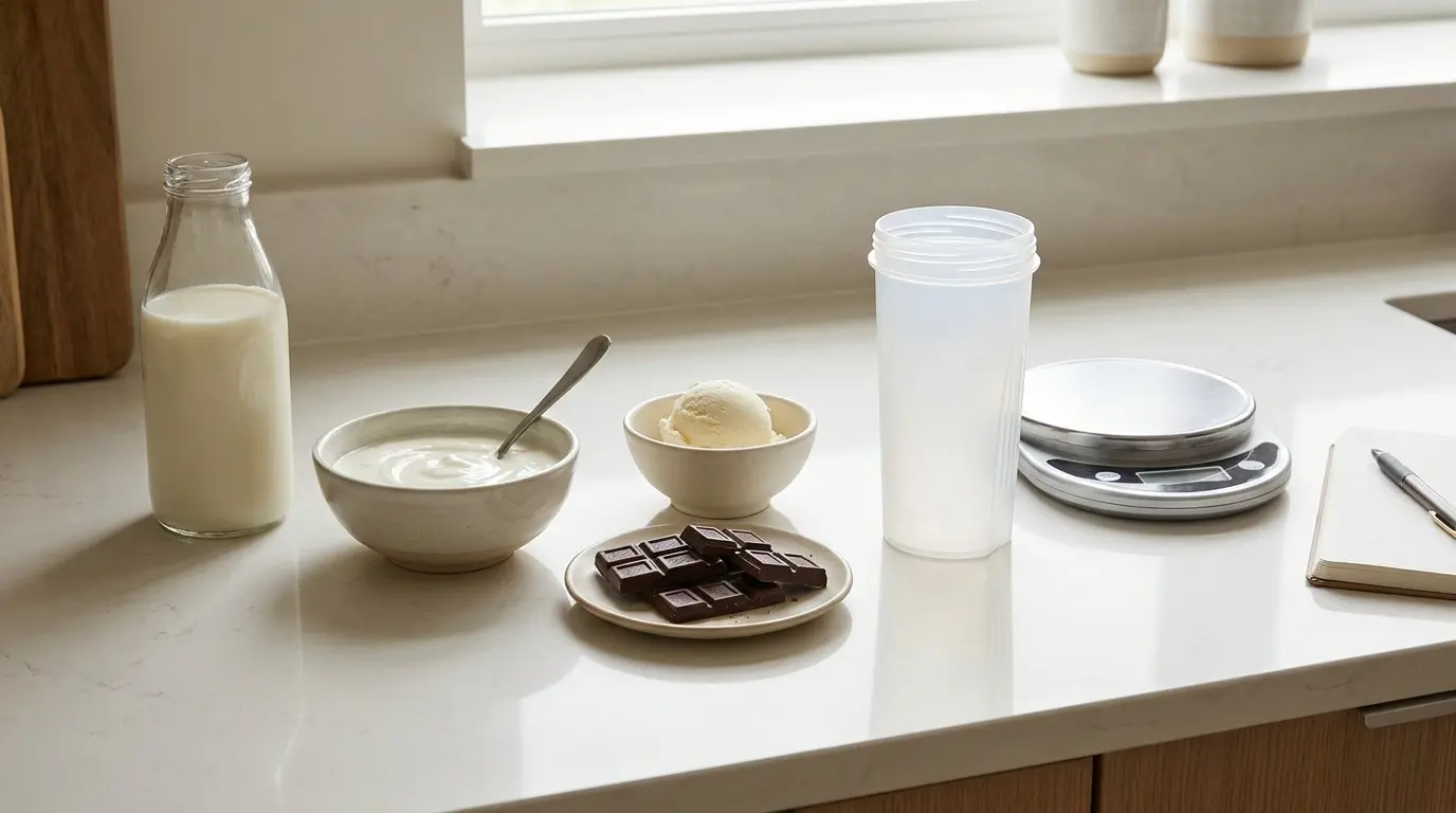 dairy foods chocolate pieces and a plain protein shaker on a clean countertop