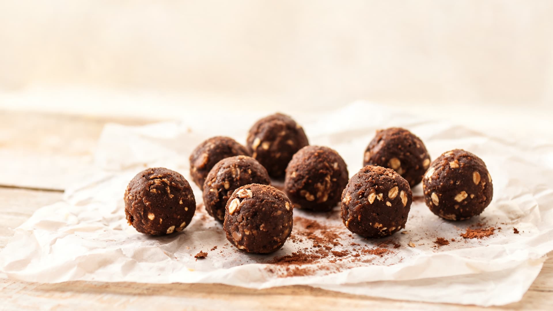 dark chocolate energy balls rolled with oats and nuts on parchment paper with cocoa dust