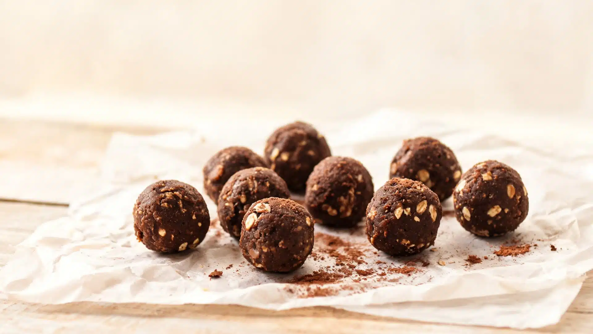 dark chocolate energy balls rolled with oats and nuts on parchment paper with cocoa dust