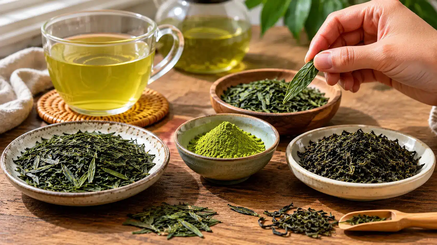 different green tea leaves and matcha powder on a table showing tea type and leaf grade