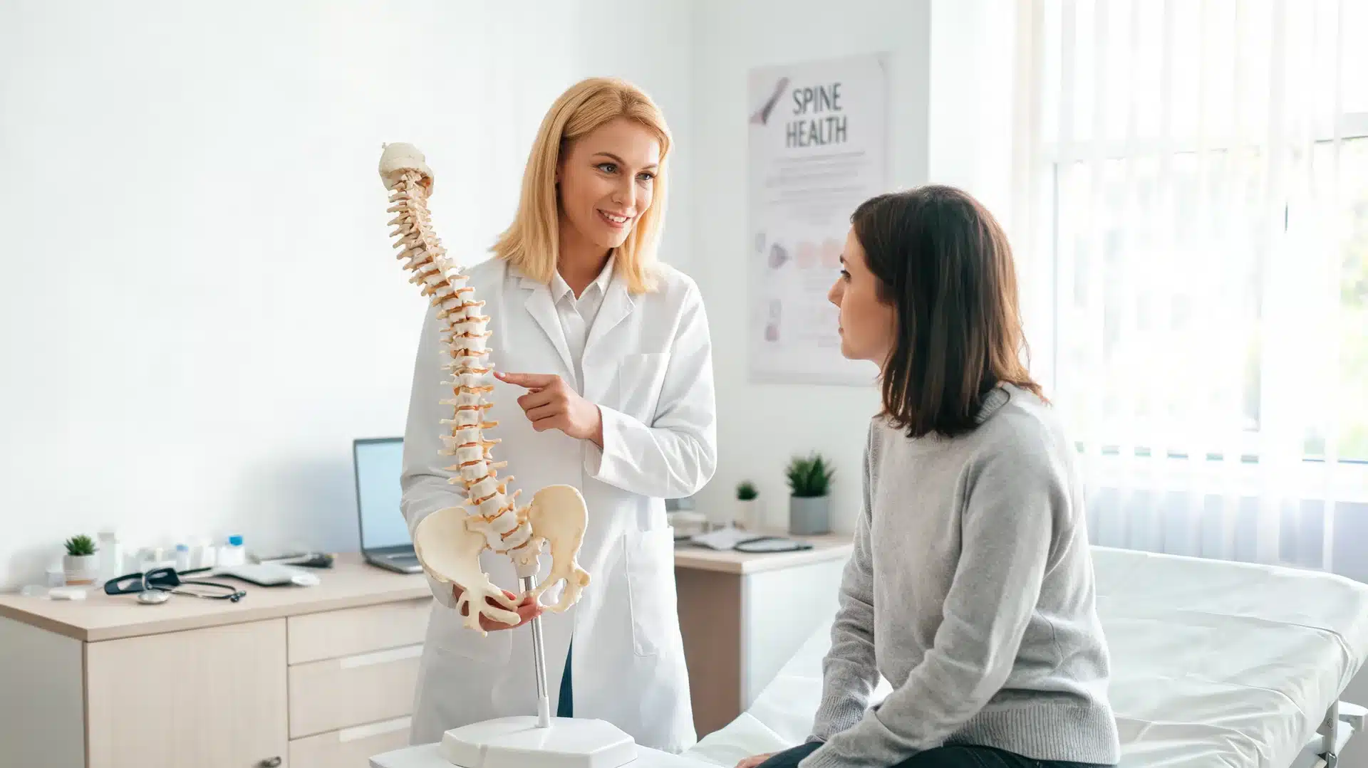 doctor explaining a spine model to a patient during a lower back pain consultation in a bright clinic