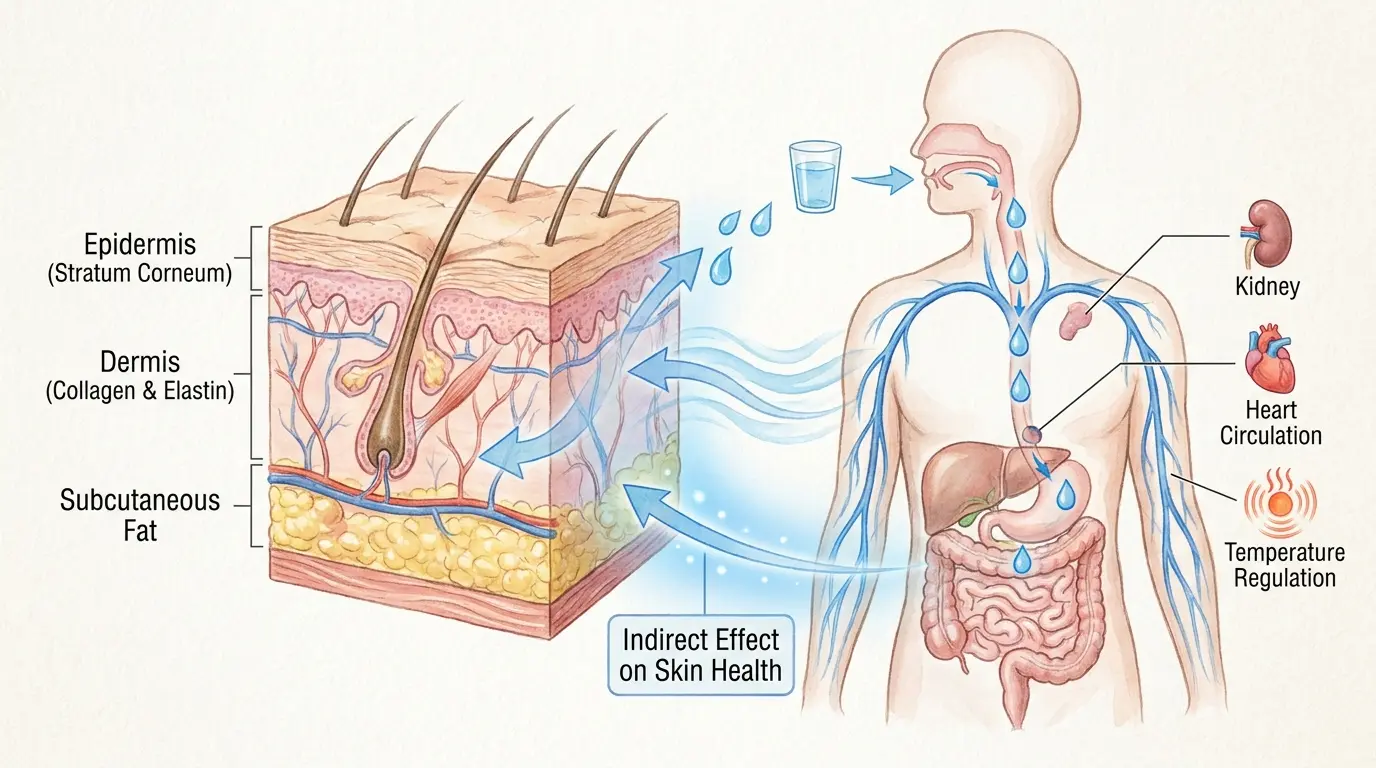 illustration of epidermis dermis subcutaneous fat showing does drinking water helps your skin at cell level