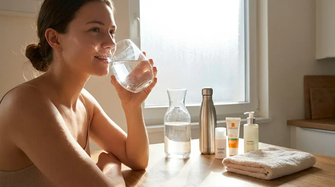 does-drinking-water-helps-your-skin-man-drinking-water-with-skin-care-items (1)