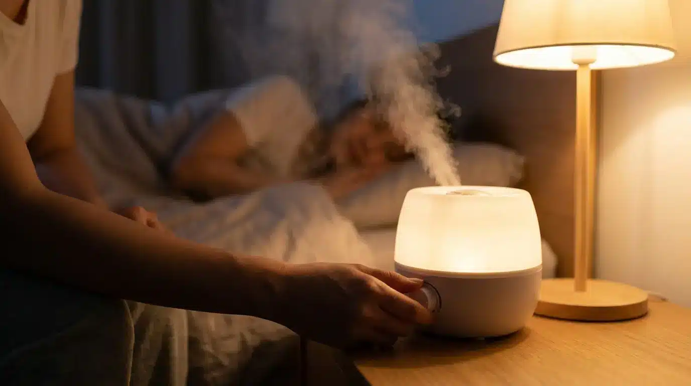 hands adjusting humidifier showing how does drinking water helps your skin by reducing moisture loss indoors