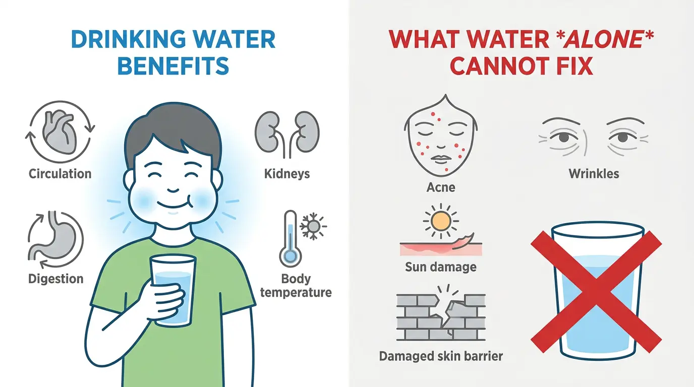 infographic highlighting does drinking water helps your skin and supports circulation and cell health