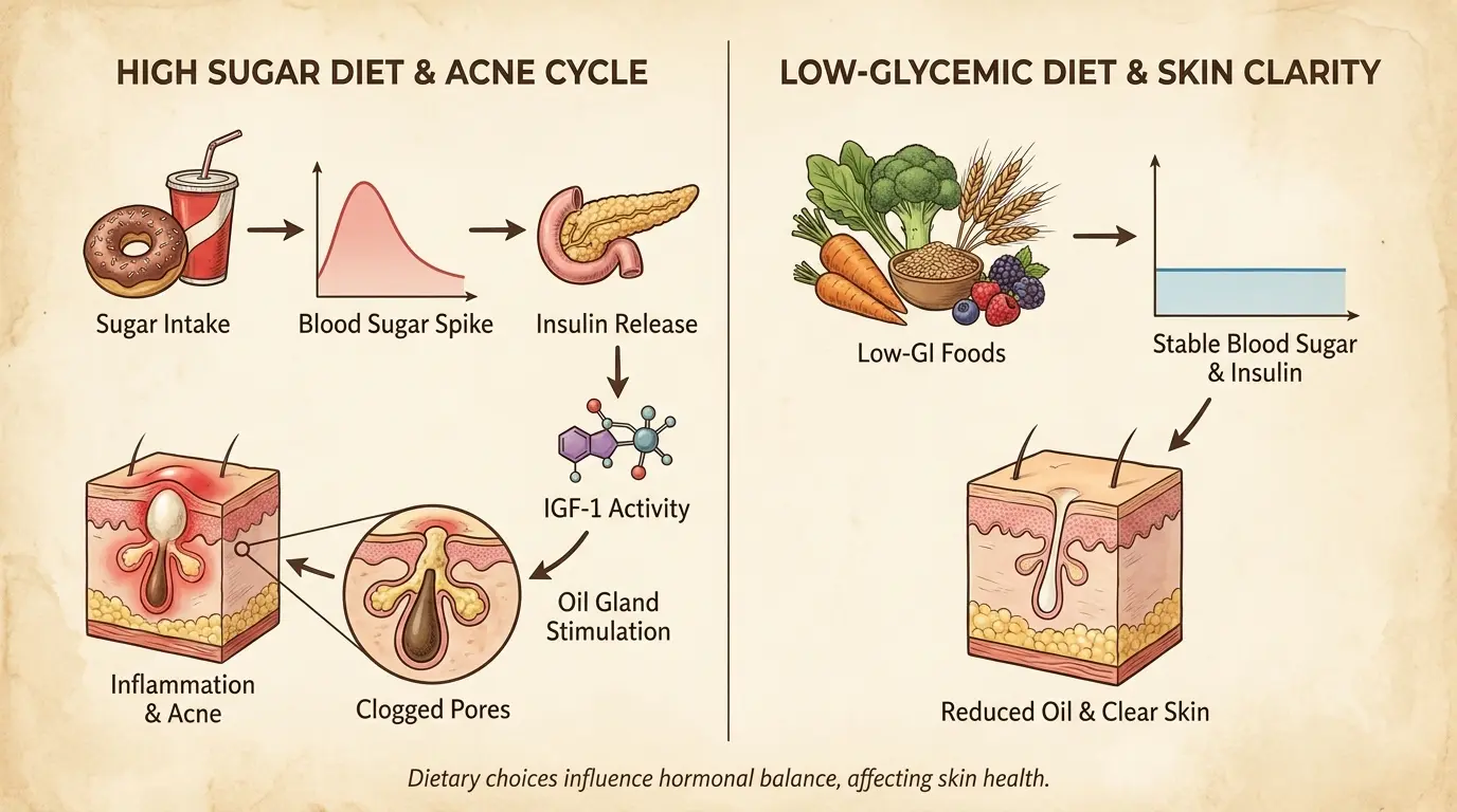 does sugar cause acne illustration showing insulin igf-1 activity low-glycemic foods and skin effects
