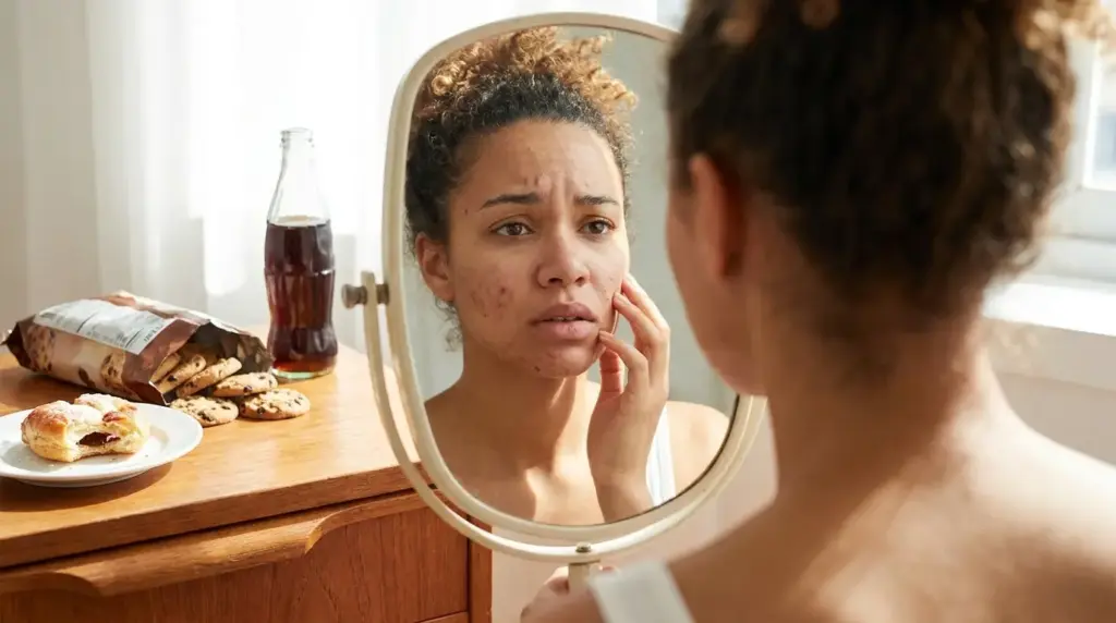 does sugar cause acne illustration with young adult examining skin and sugary foods in background