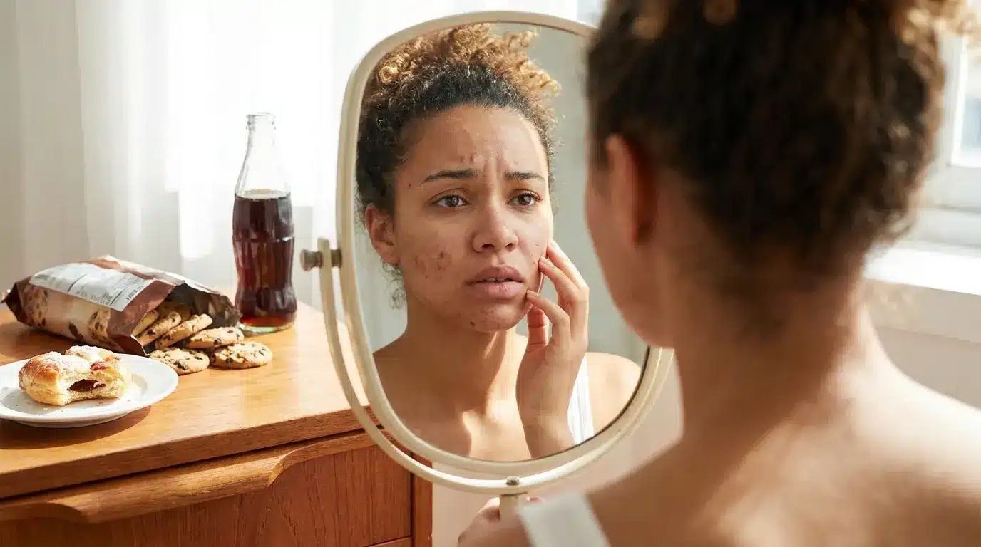 does sugar cause acne illustration with young adult examining skin and sugary foods in background