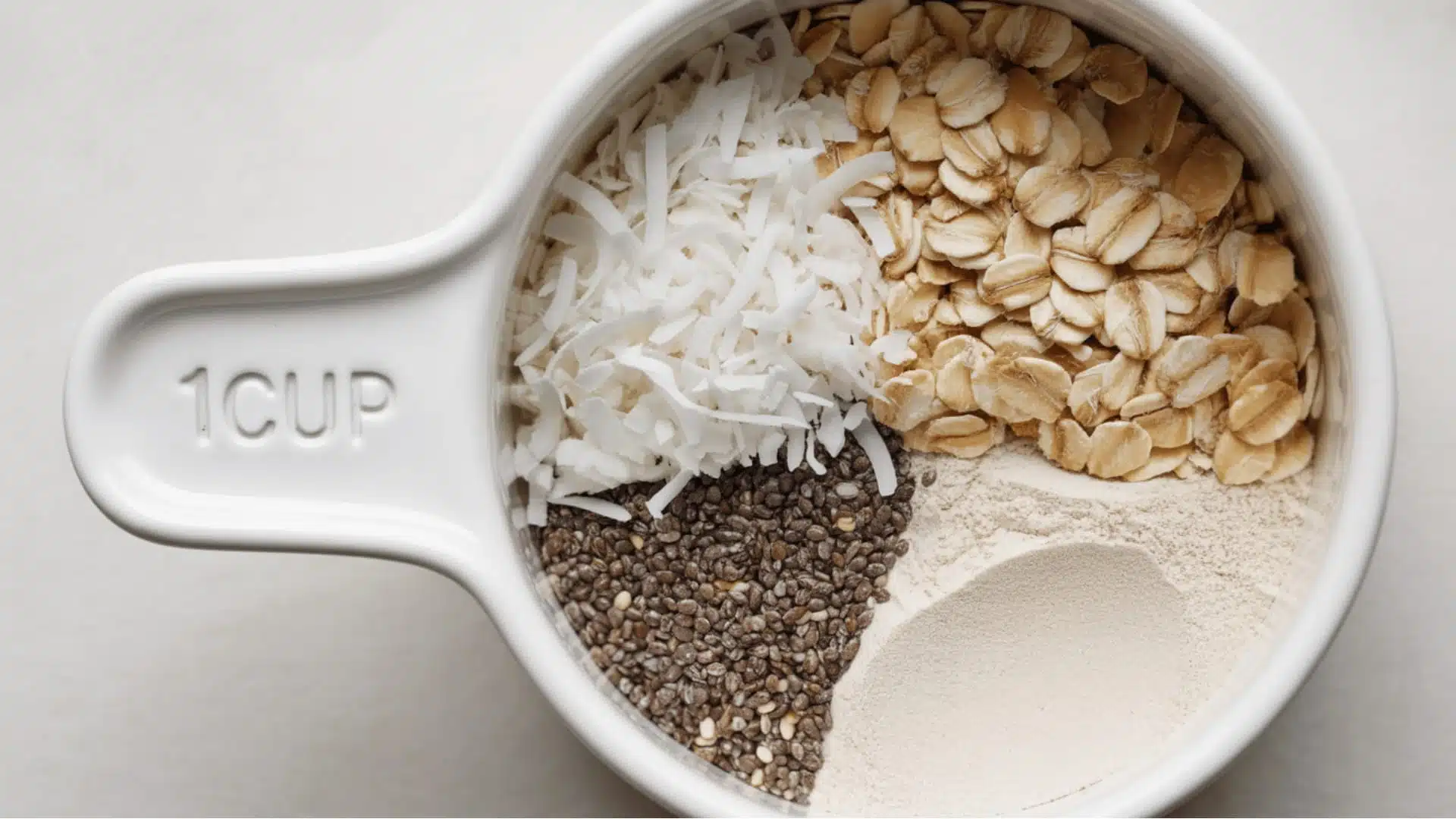 dry ingredients arranged in a white ceramic measuring cup marked with ONE CUP measurement line