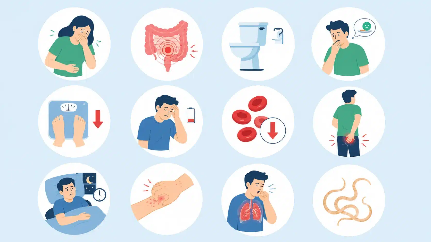 flat icons showing common intestinal worm symptoms including nausea, pain, diarrhea, itching, fatigue and cough