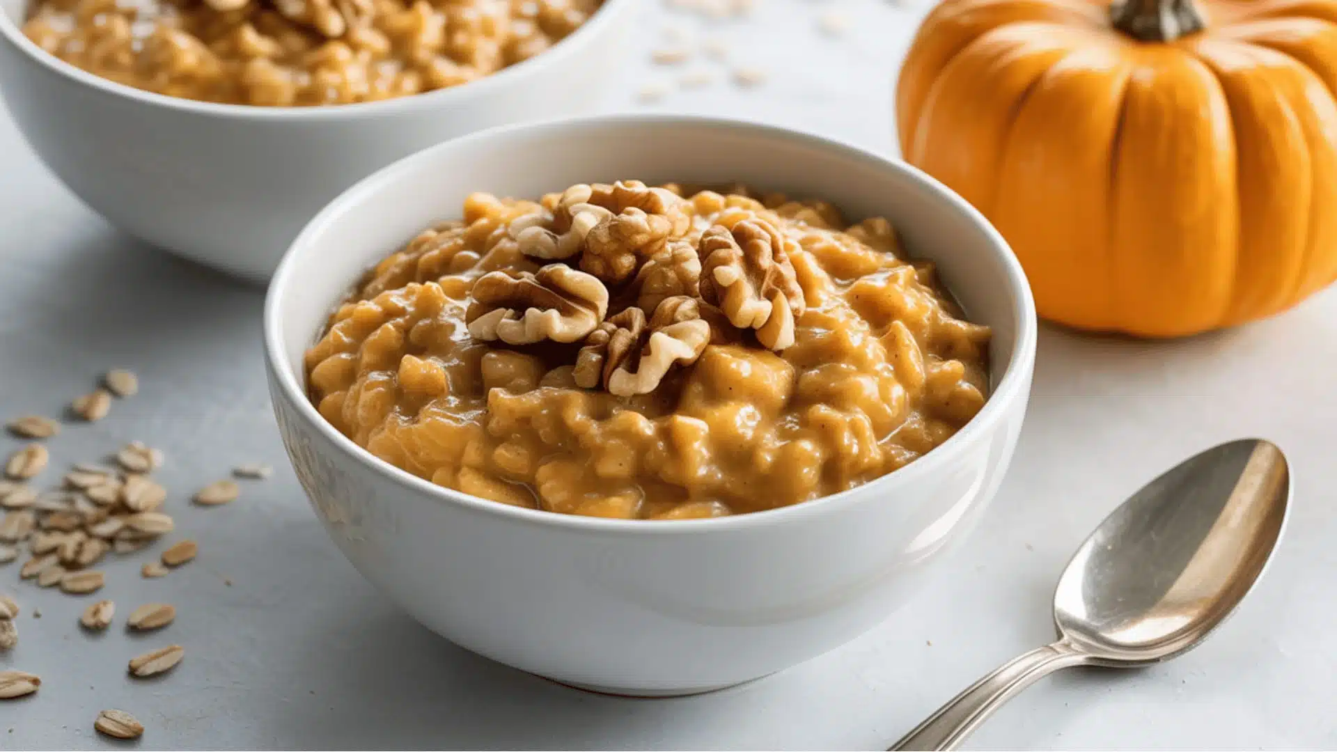 food photograph of two white ceramic bowls containing creamy pumpkin oatmeal topped with chopped walnuts (1)