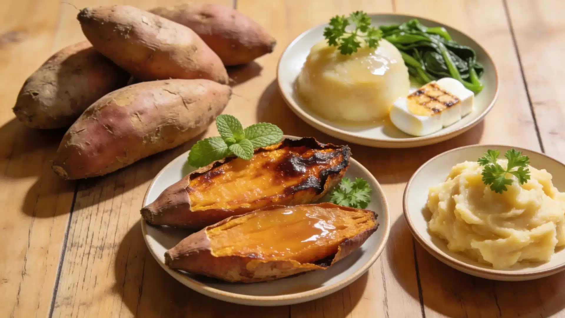 Four Japanese sweet potato servings displayed on white plates, showing baked, mashed, steamed, sliced,variations (2)