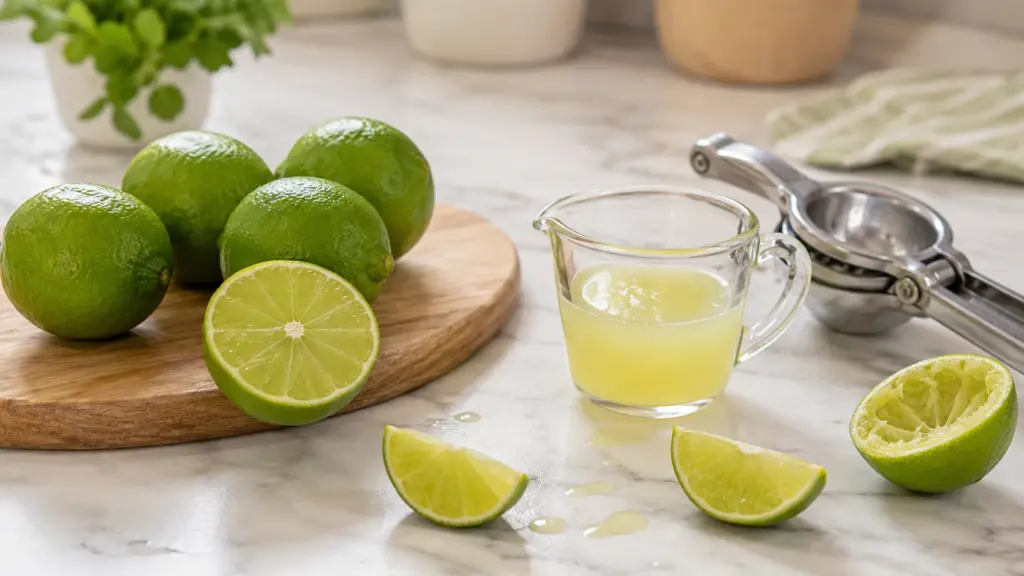 fresh limes and measuring cup showing how much juice in one lime for recipes