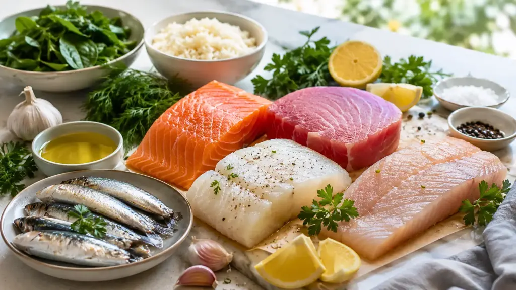 fresh salmon, mahi mahi, cod, tuna, and sardines with herbs, lemon, rice, and greens on a kitchen counter