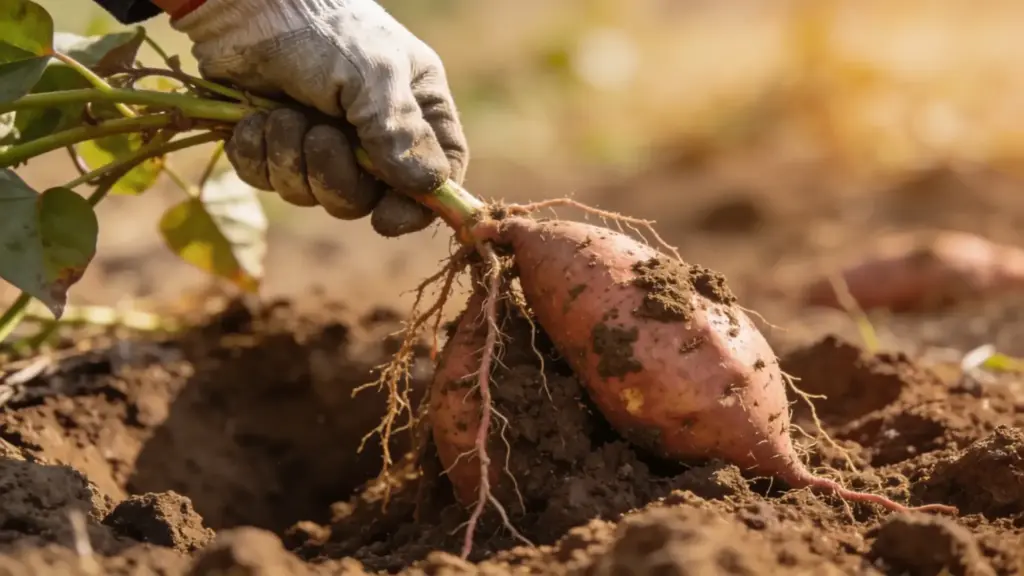 Freshly harvested Japanese sweet potato being pulled from the soil, showcasing its natural texture and vibrant color