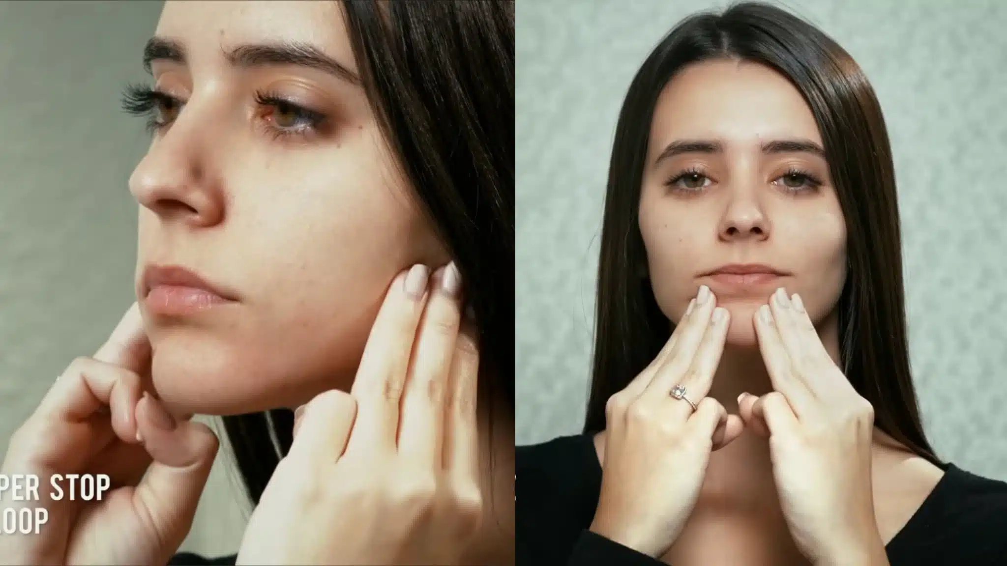 front view of woman performing lymphatic drainage facial massage under chin and jawline with hands