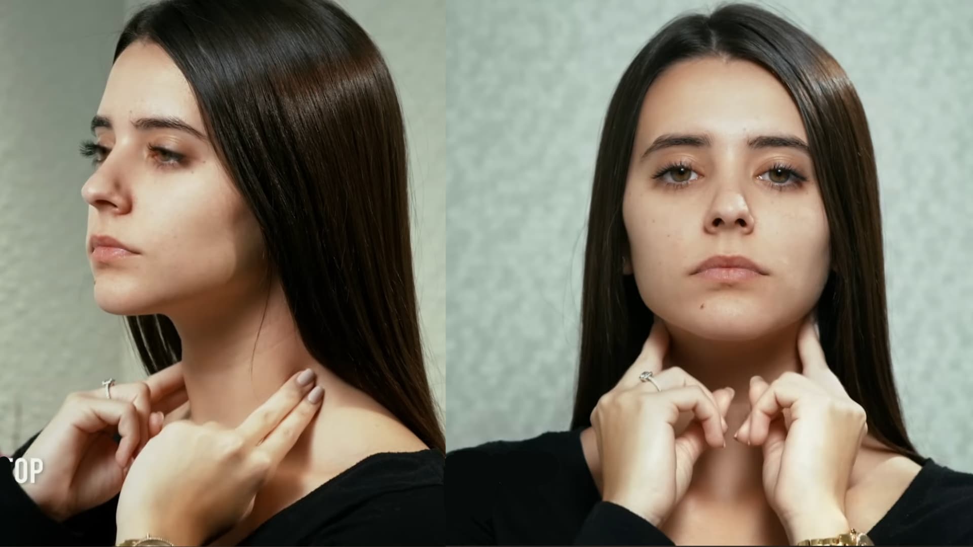 front view of woman performing lymphatic drainage neck massage holding fingers under chin position