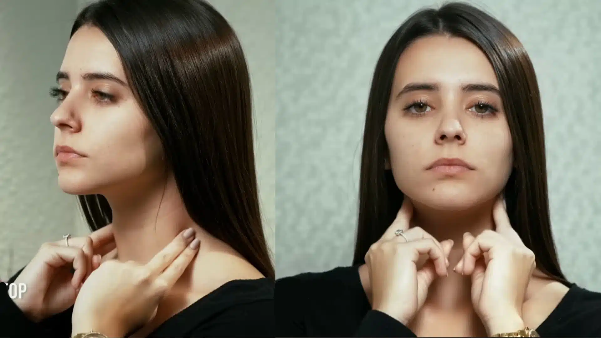 front view of woman performing lymphatic drainage neck massage holding fingers under chin position