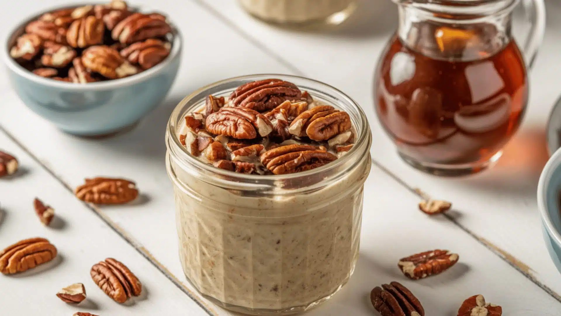 glass mason jar on a white wooden table the oats are topped with whole pecan halves and scattered raw pecans
