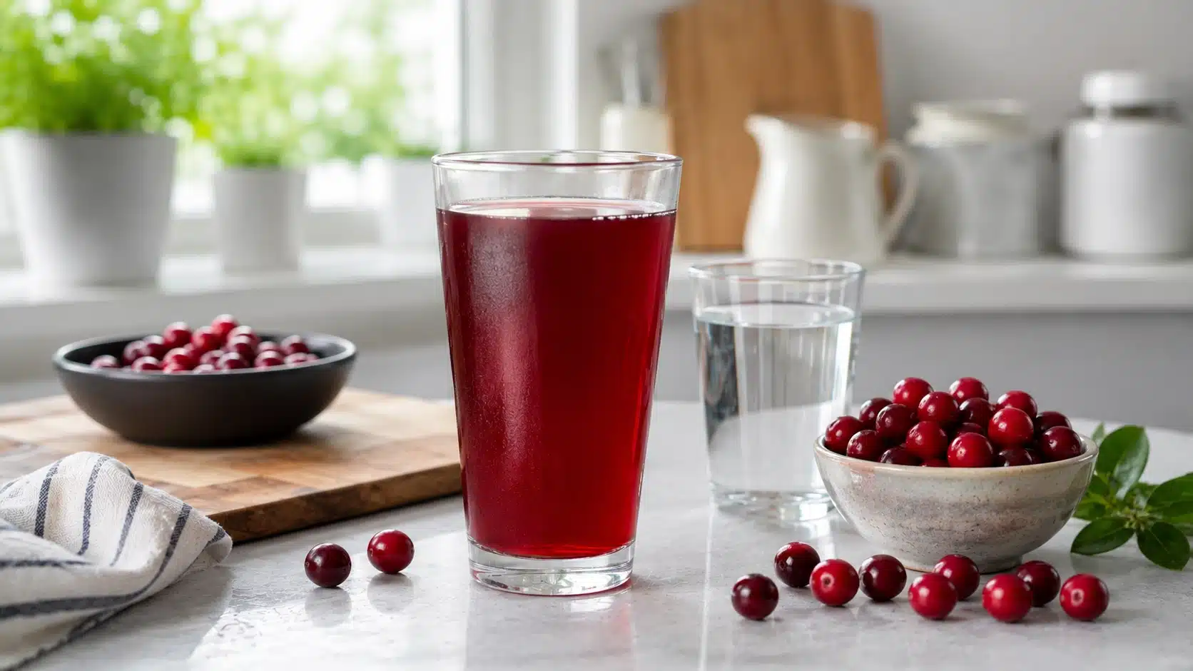 glass of cranberry juice with fresh cranberries and water for acidity and urinary health blog cover