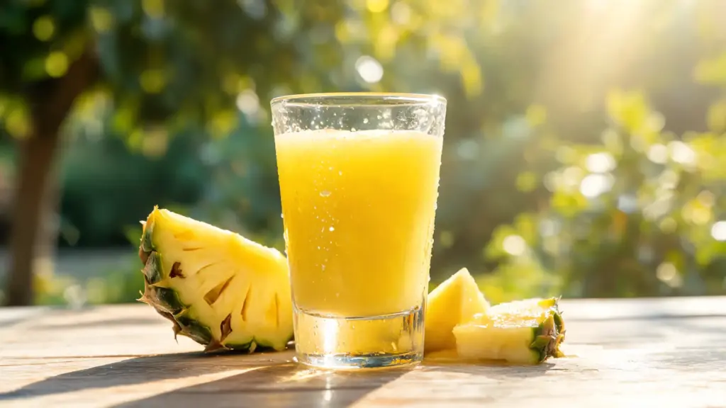 glass of fresh pineapple juice with pineapple slices in warm sunlight on rustic table tropical outdoor setting