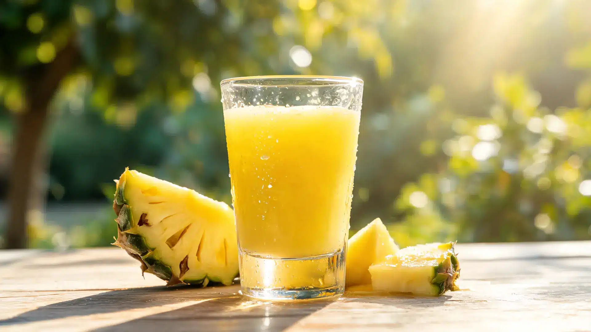 glass of fresh pineapple juice with pineapple slices in warm sunlight on rustic table tropical outdoor setting