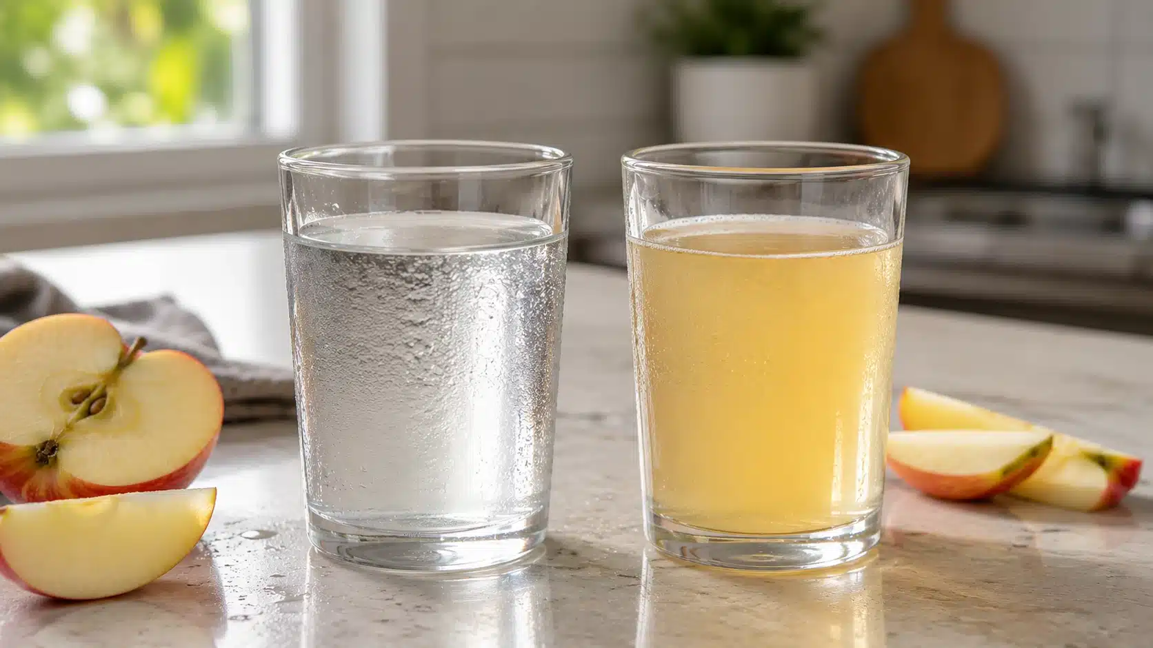 glass of water beside diluted apple juice showing a realistic hydration comparison