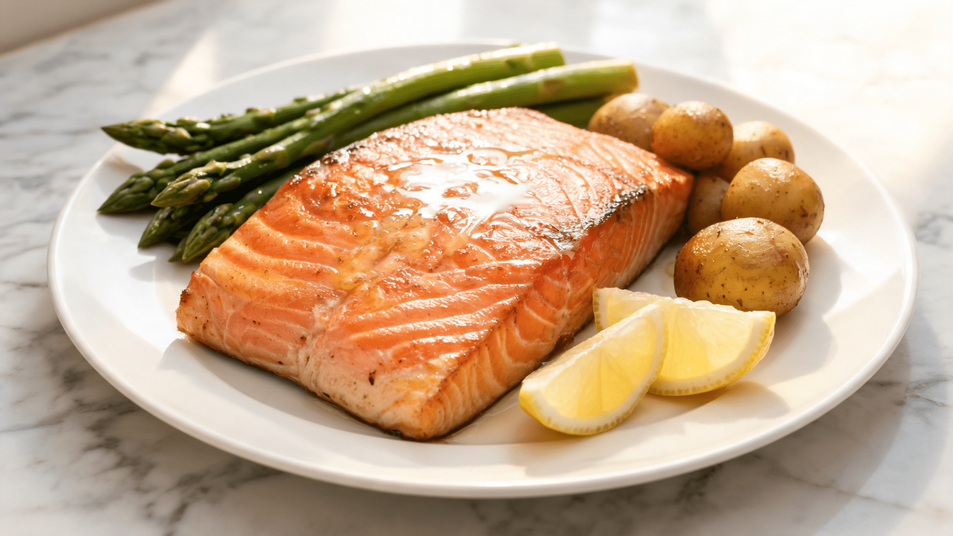 glazed salmon with asparagus, baby potatoes, and lemon wedges on a sunlit marble countertop