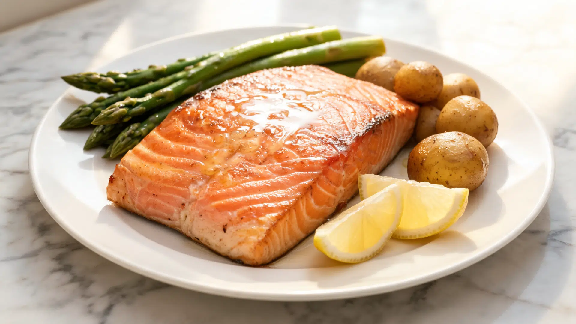 glazed salmon with asparagus, baby potatoes, and lemon wedges on a sunlit marble countertop