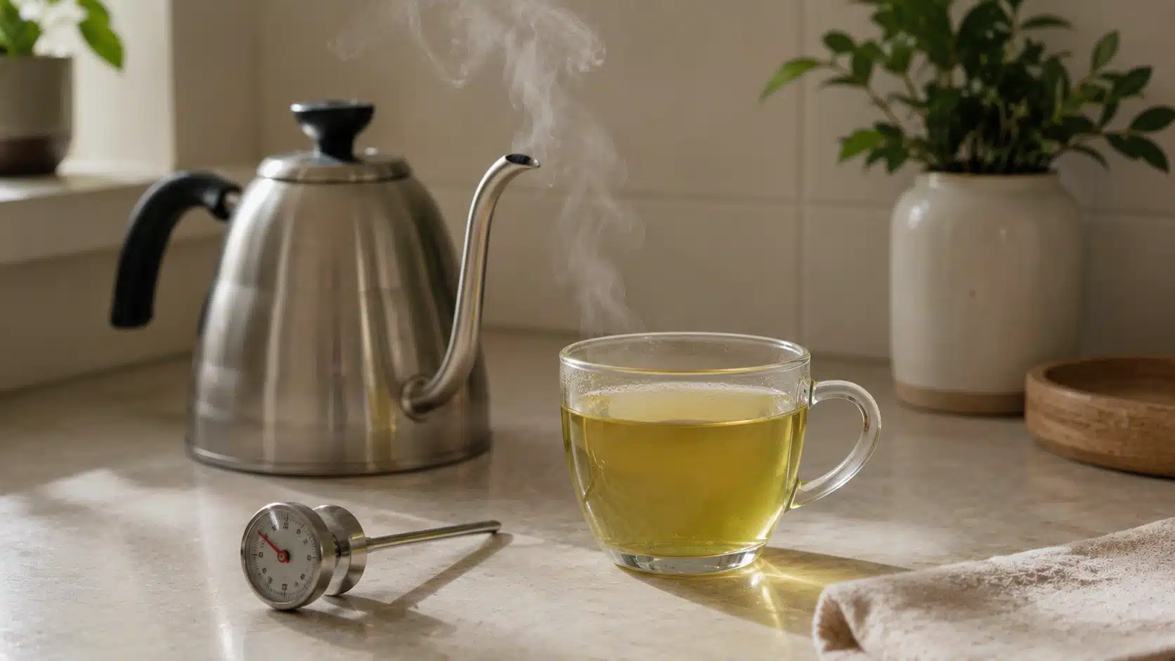 green tea cup with kettle and kitchen thermometer showing water temperature for brewing