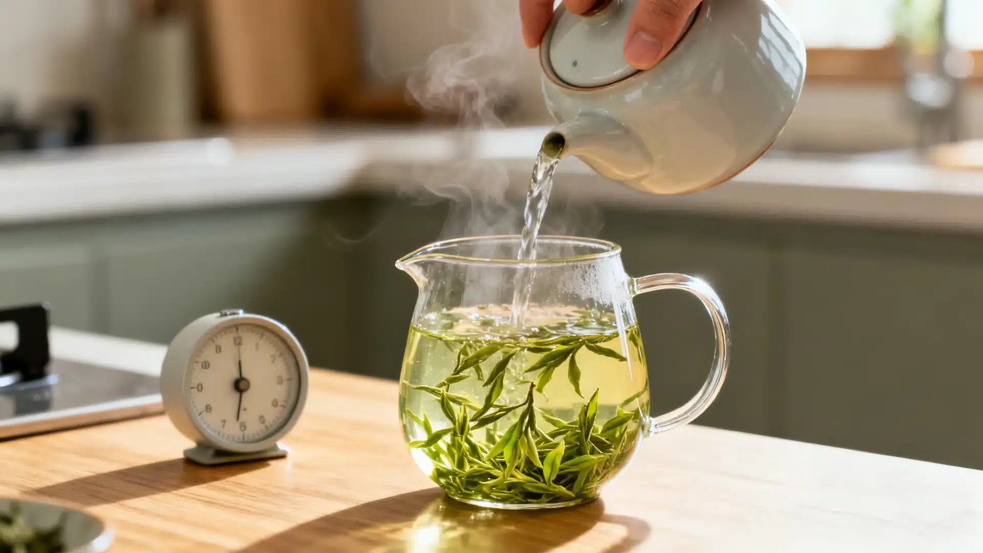 green tea steeping in a glass teapot beside a kitchen timer showing brew time