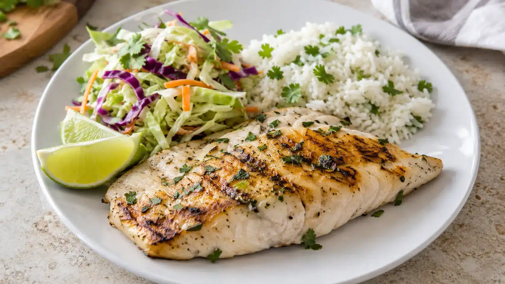 grilled mahi mahi on a plate with lime, cabbage slaw, and rice