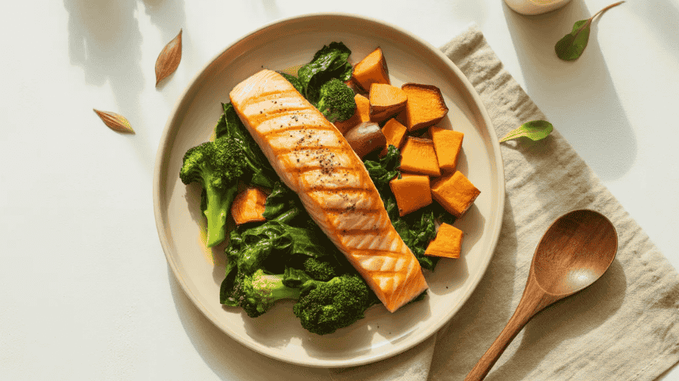 grilled salmon with broccoli, leafy greens and sweet potatoes on a plate for aip diet meal