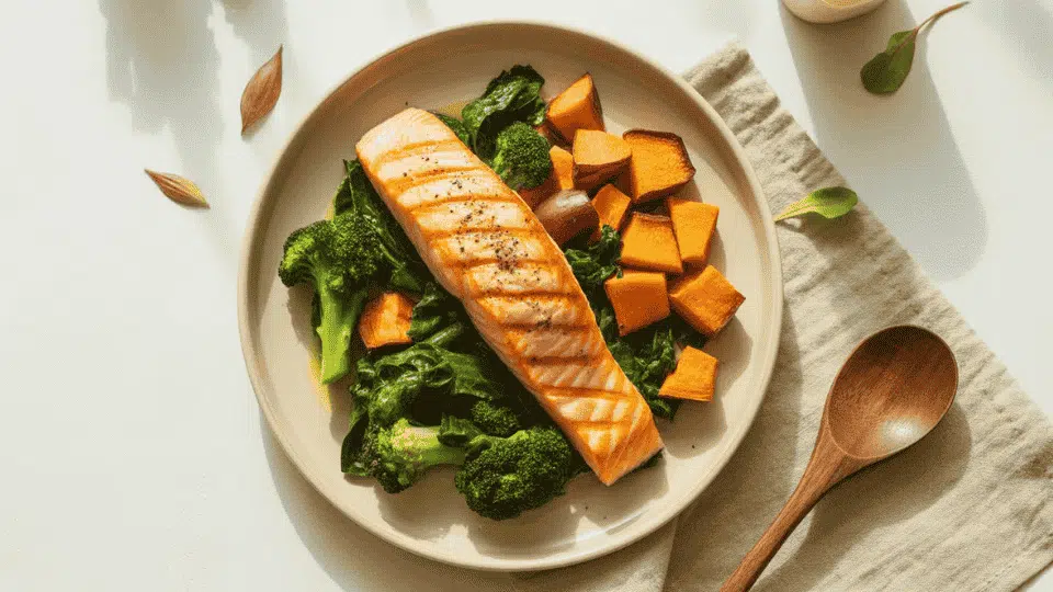 grilled salmon with broccoli, leafy greens and sweet potatoes on a plate for aip diet meal