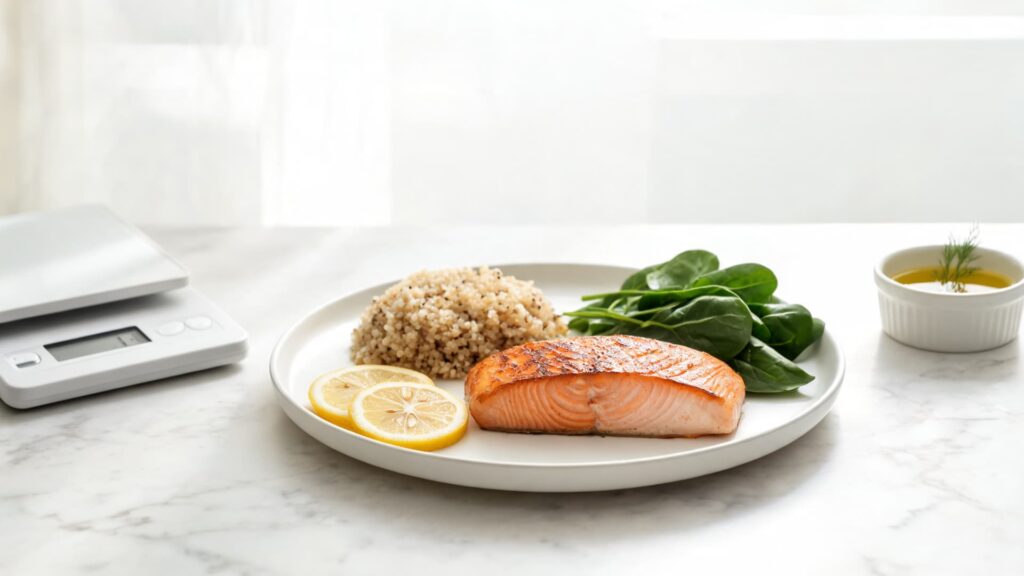 grilled salmon with quinoa, spinach, lemon slices, and sauce on a bright kitchen counter