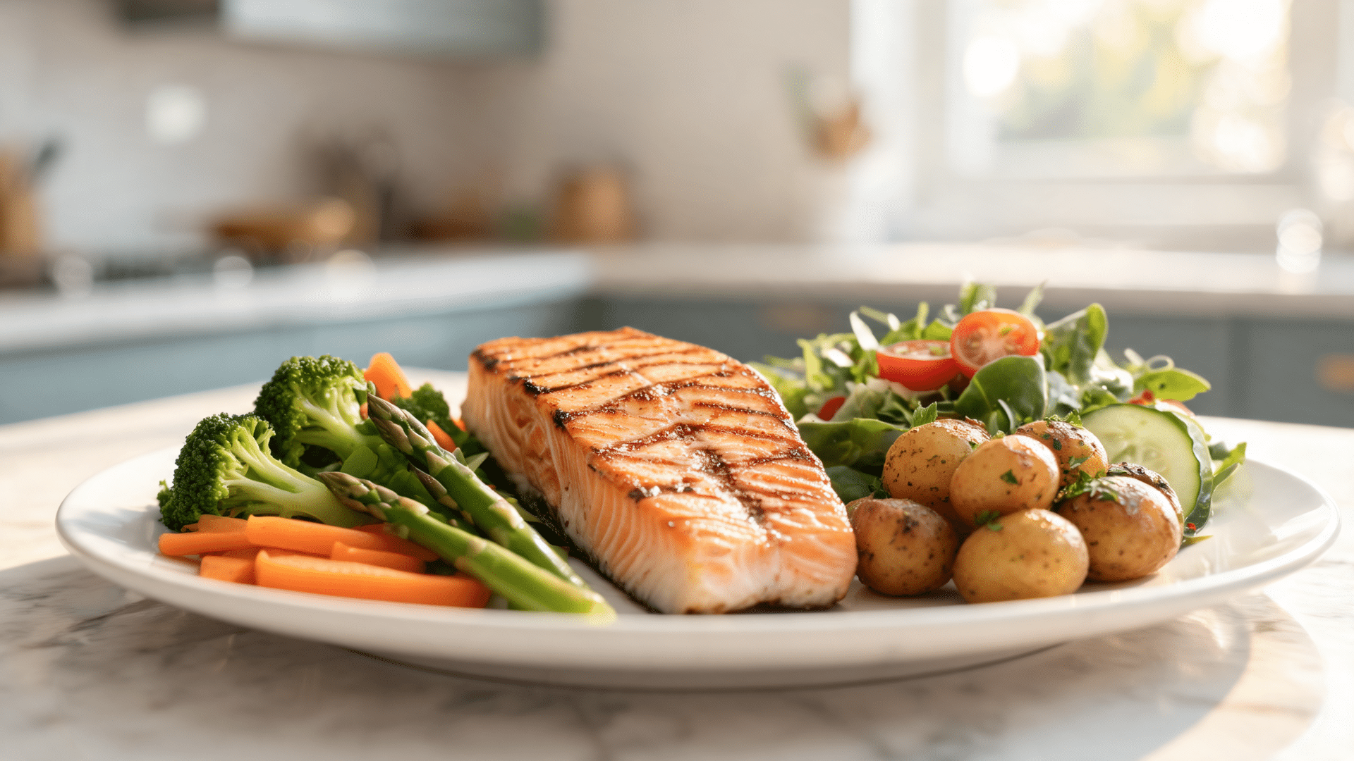 grilled salmon with steamed vegetables, baby potatoes, and fresh salad on a sunny kitchen counter