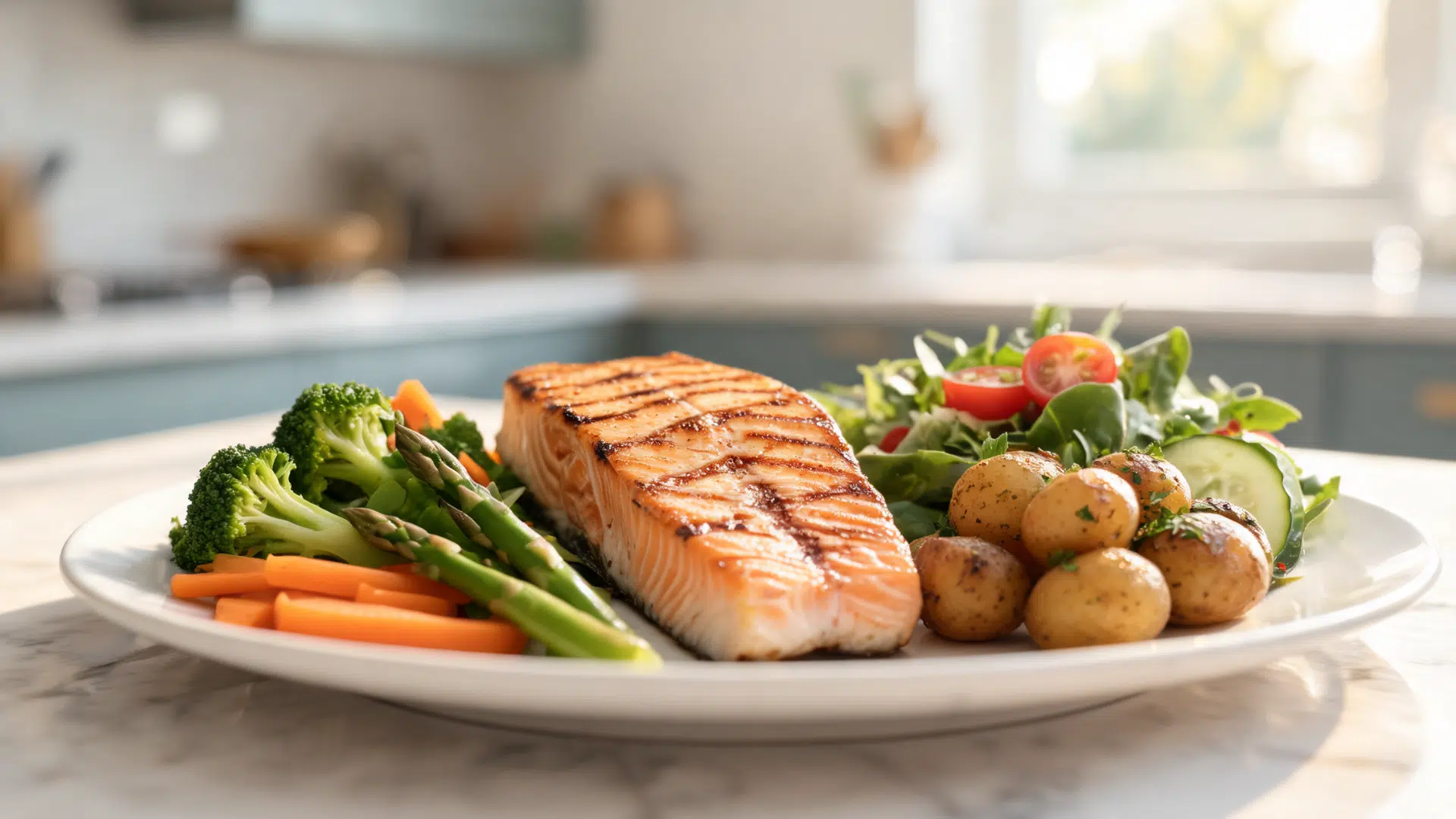 grilled salmon with steamed vegetables, baby potatoes, and fresh salad on a sunny kitchen counter