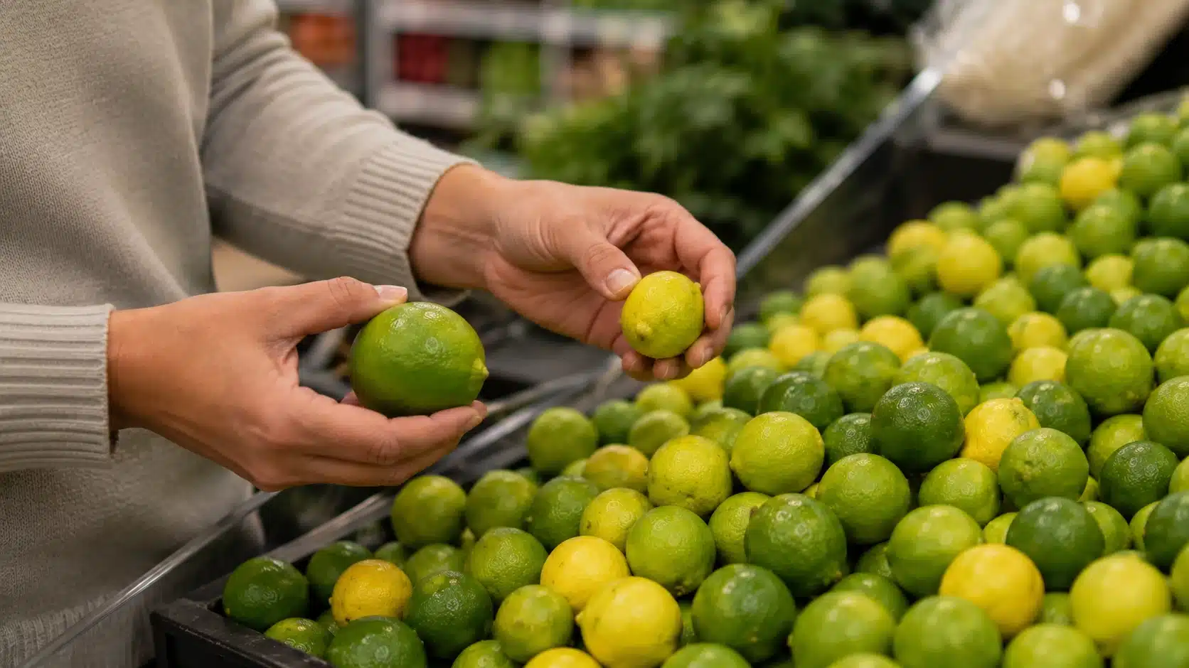 hands choosing smooth heavy limes to get more juice for recipes at the store
