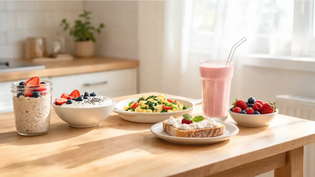 healthy breakfast spread with oats, berries, yogurt, eggs, toast and a pink smoothie on a sunny kitchen table