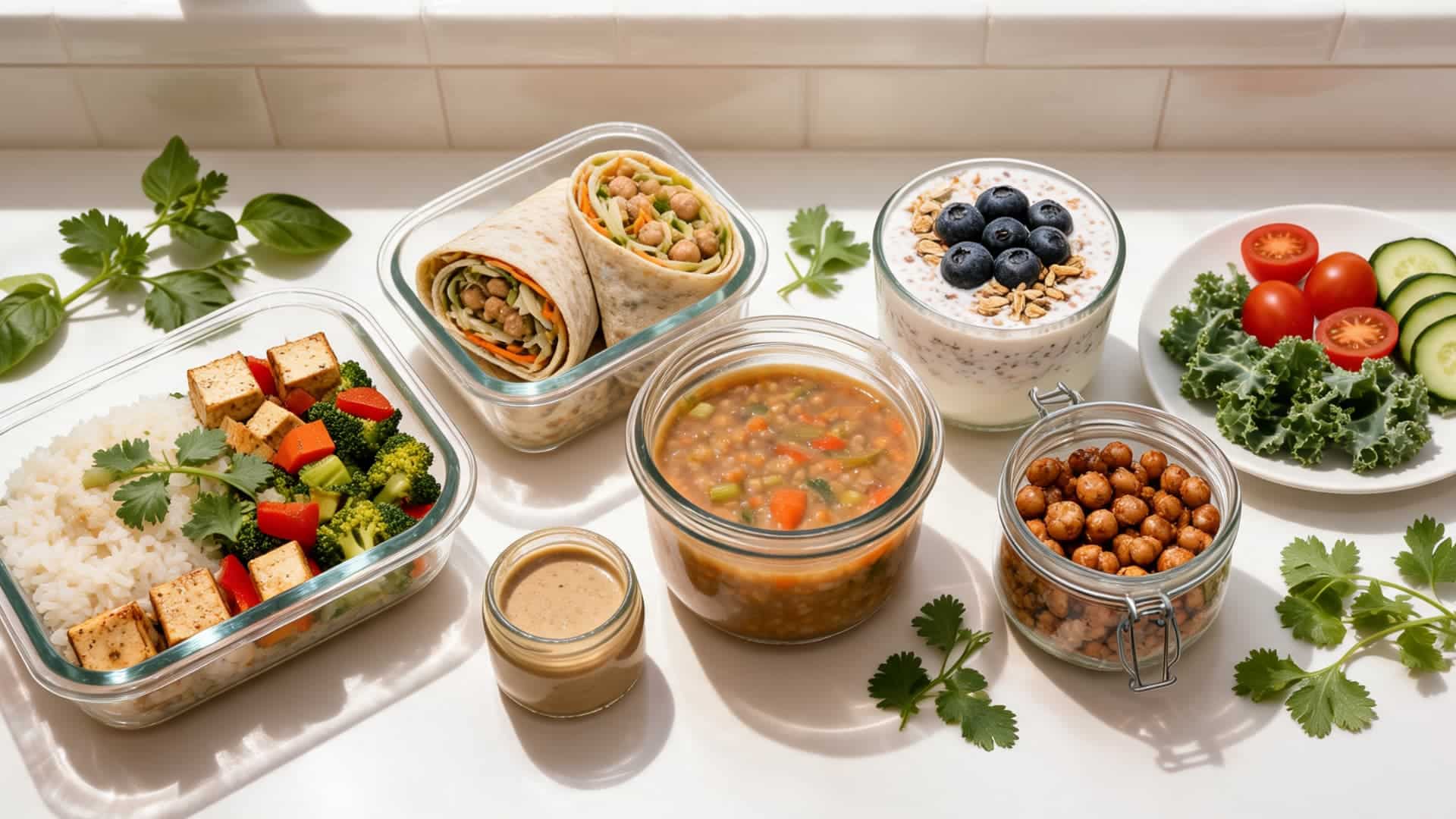 healthy meal prep with rice tofu vegetables wrap lentil soup yogurt berries chickpeas and fresh salad