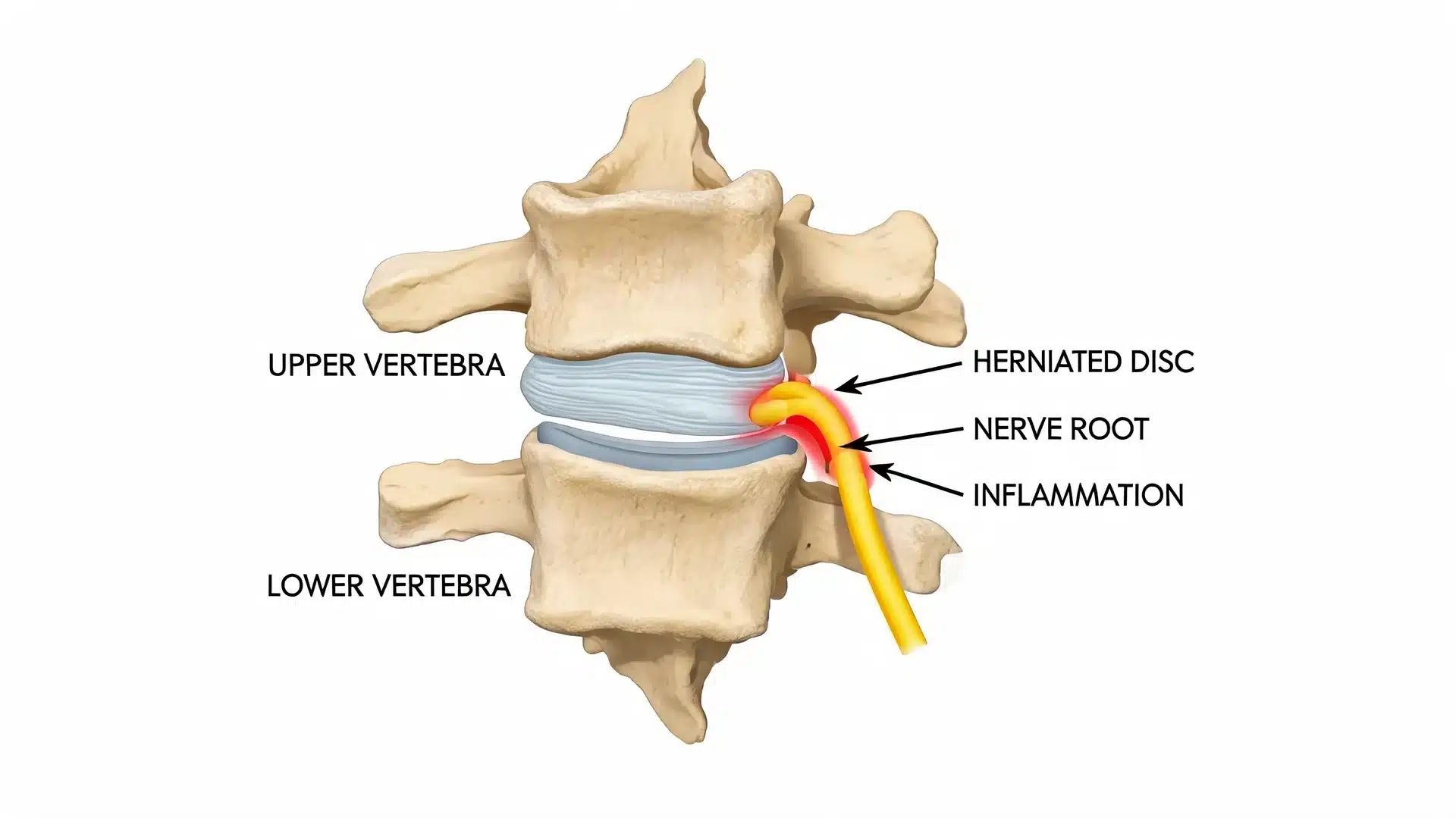 herniated disc illustration showing nerve root pressure inflammation and upper and lower vertebrae