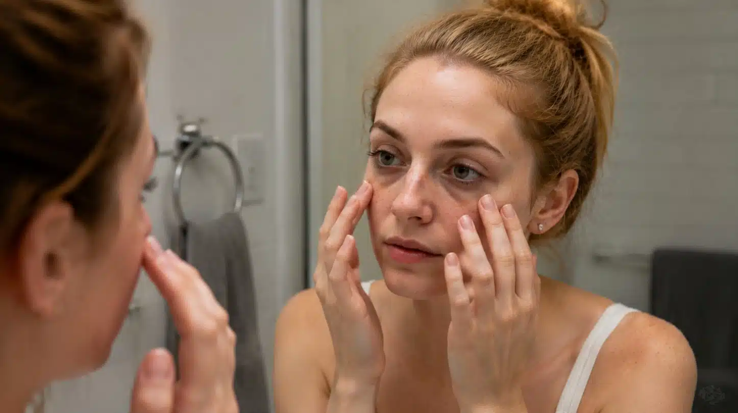 Woman gently massaging the under-eye area with fingers as a home remedy for dark circles