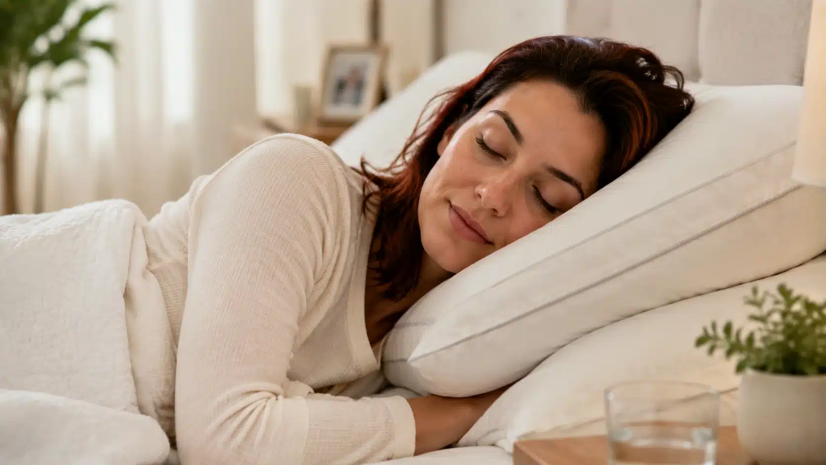 Woman sleeping on her side in a bright bedroom to reduce under-eye darkness naturally