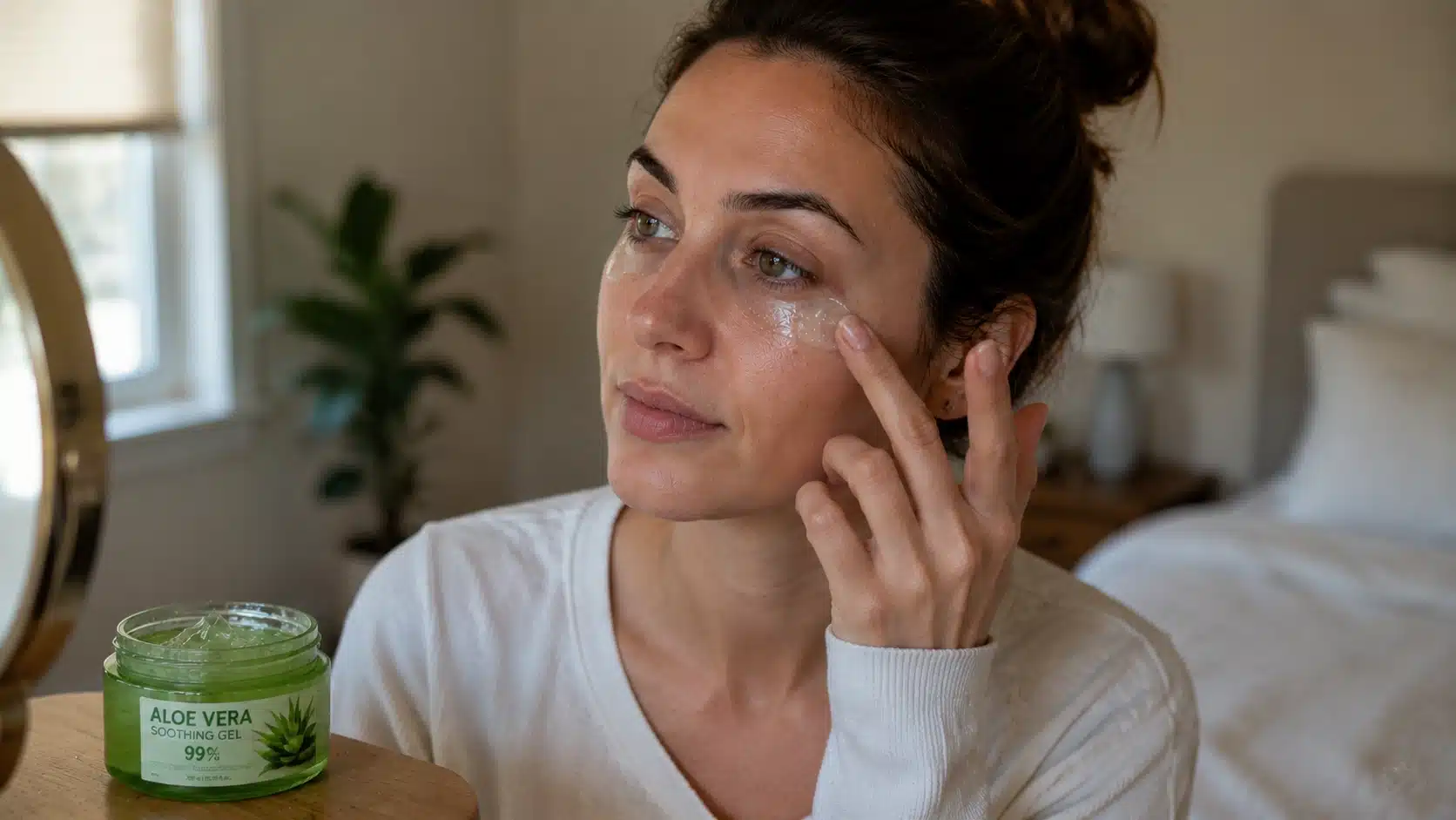 Woman applying aloe vera gel under eyes to hydrate and reduce under-eye darkness