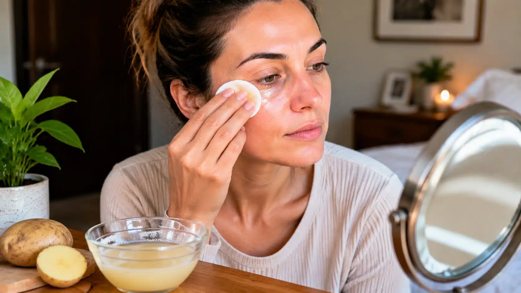 Woman applying potato juice under eyes using cotton pads as a home remedy for dark circles