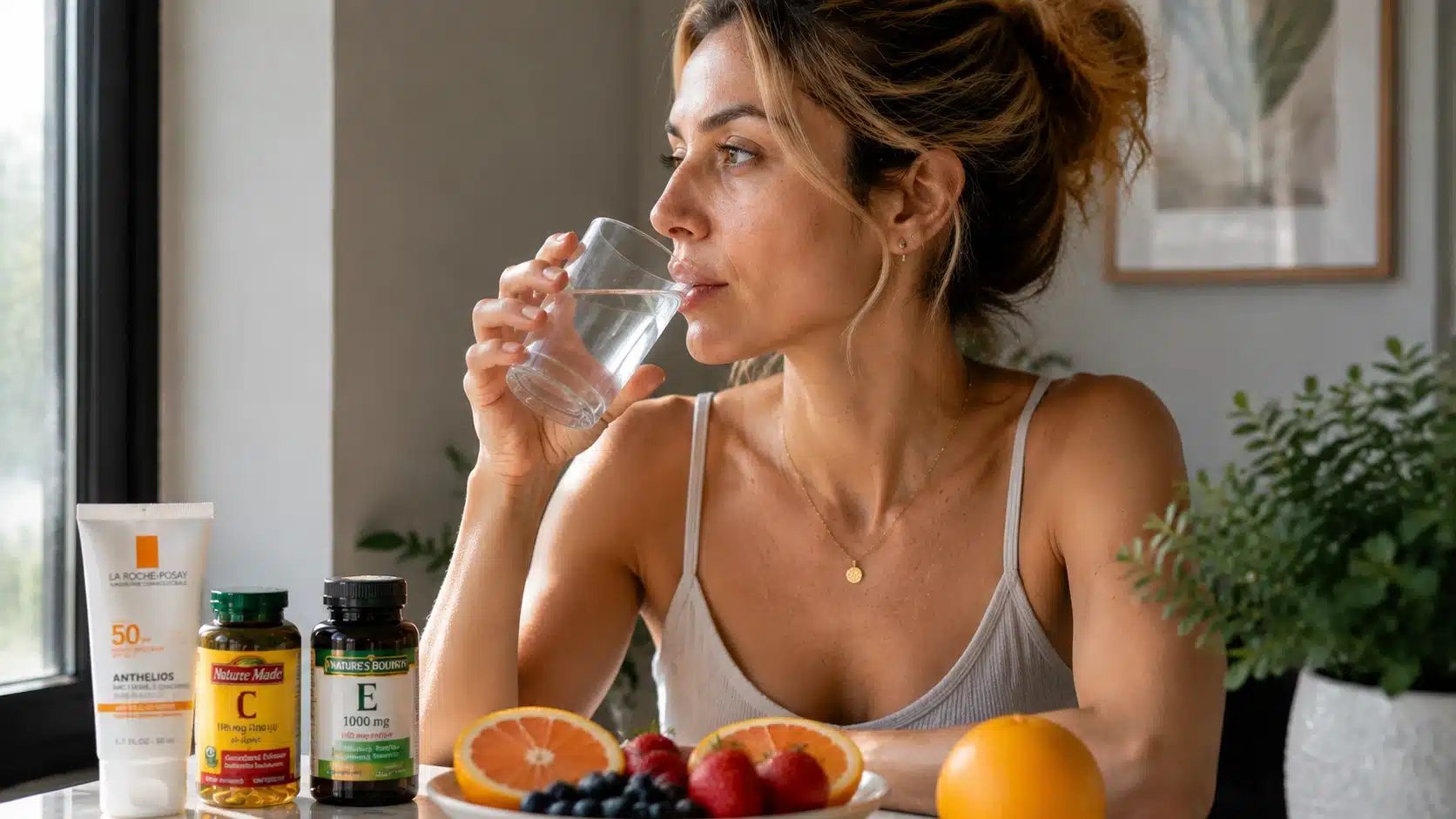 Woman drinking water with vitamins and sunscreen nearby to reduce under-eye darkness