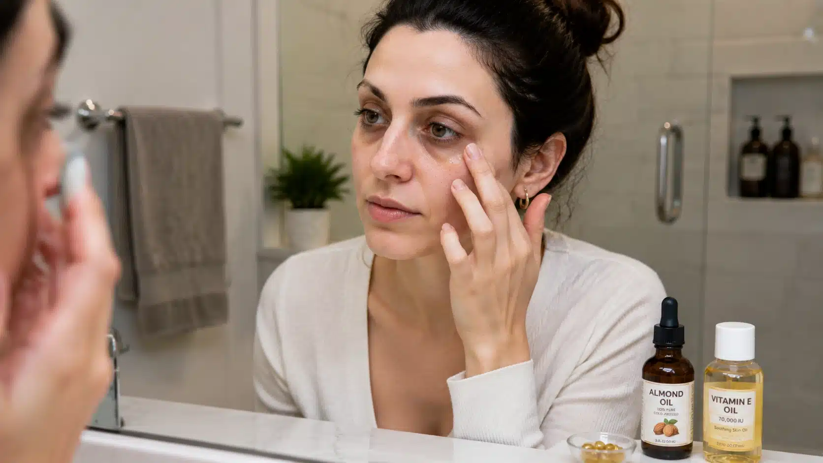 Woman gently applying almond oil under her eyes as a home remedy for dark circles